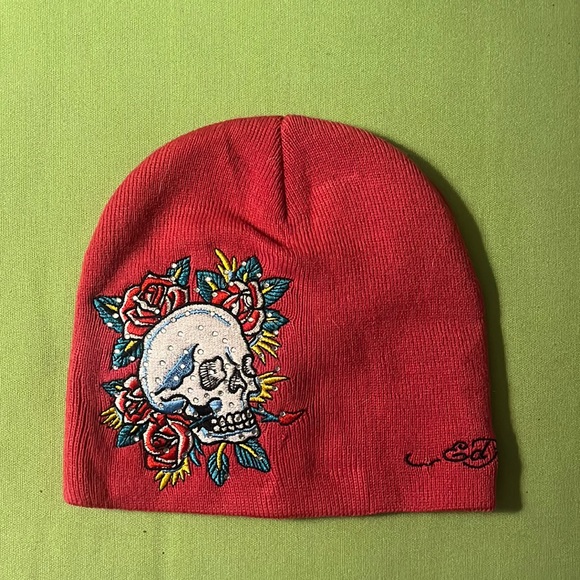 Ed Hardy Pink Bedazzled Knit Beanie Skull And Roses Embroidery - Picture 1 of 3